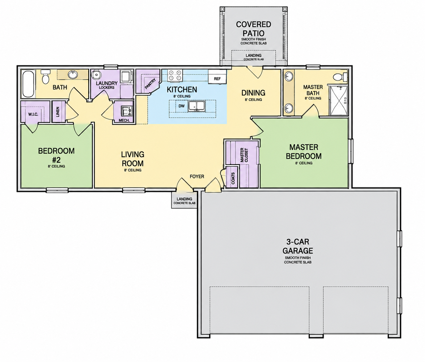 Colored floor plan, 2 bed 2 bath, 3 card garage