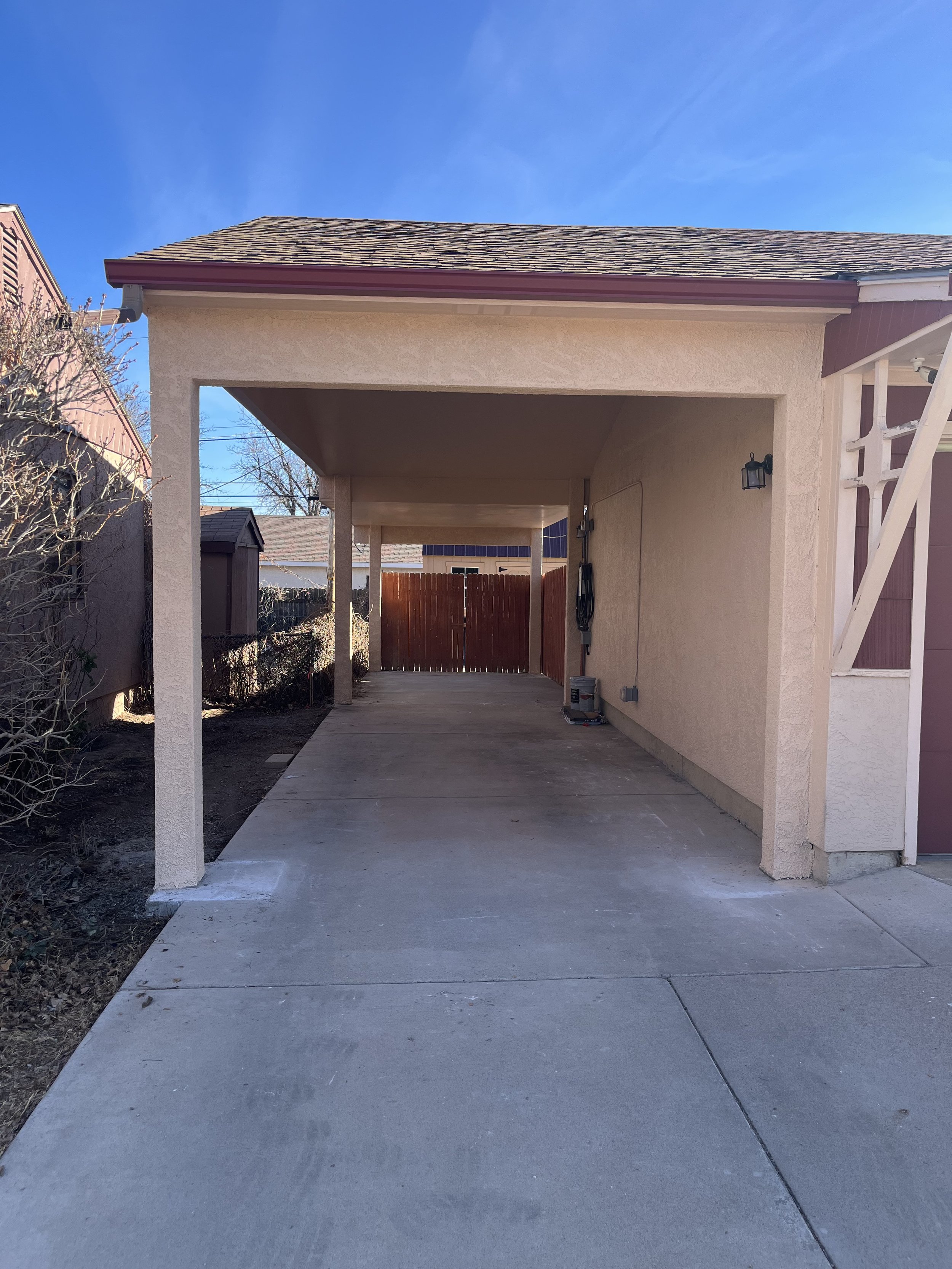 Car Port Addition Fully Stuccoed and wired for power