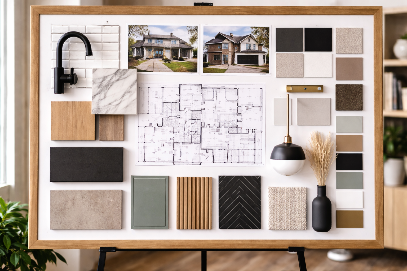 A Modern Design Asethic Home story board with finishes, color pallet, tile and countertops