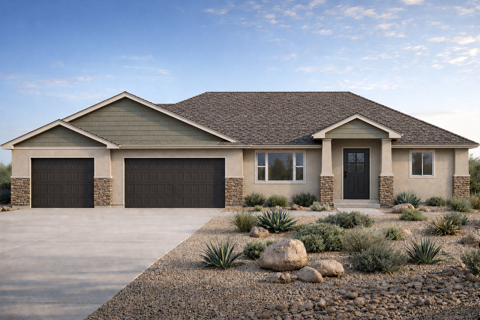 Beige and Sage Front View of Ranch Home Divide Model; 3 car garage