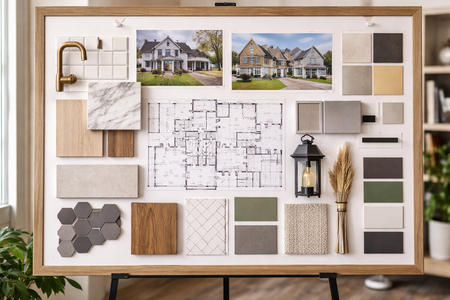 Vision board for custom home build showing; flooring, tile, cabinets paint colors, and countertops