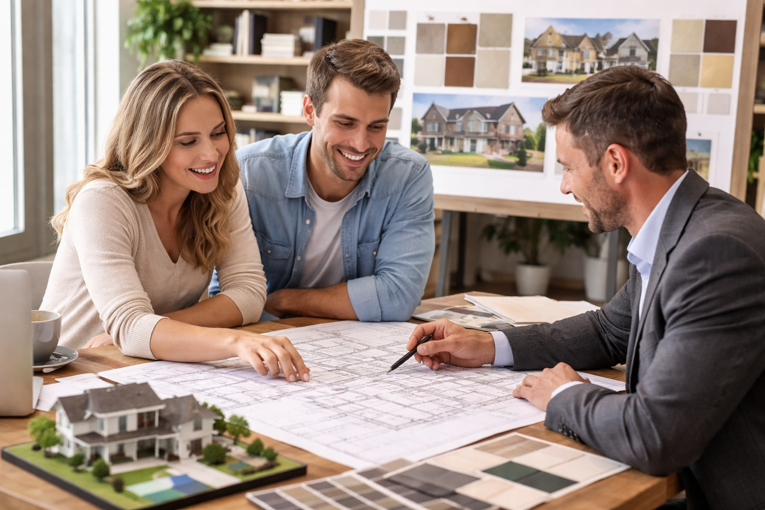 Close-up of an architect sketching custom residential floor plans and blueprints on a large drafting table.