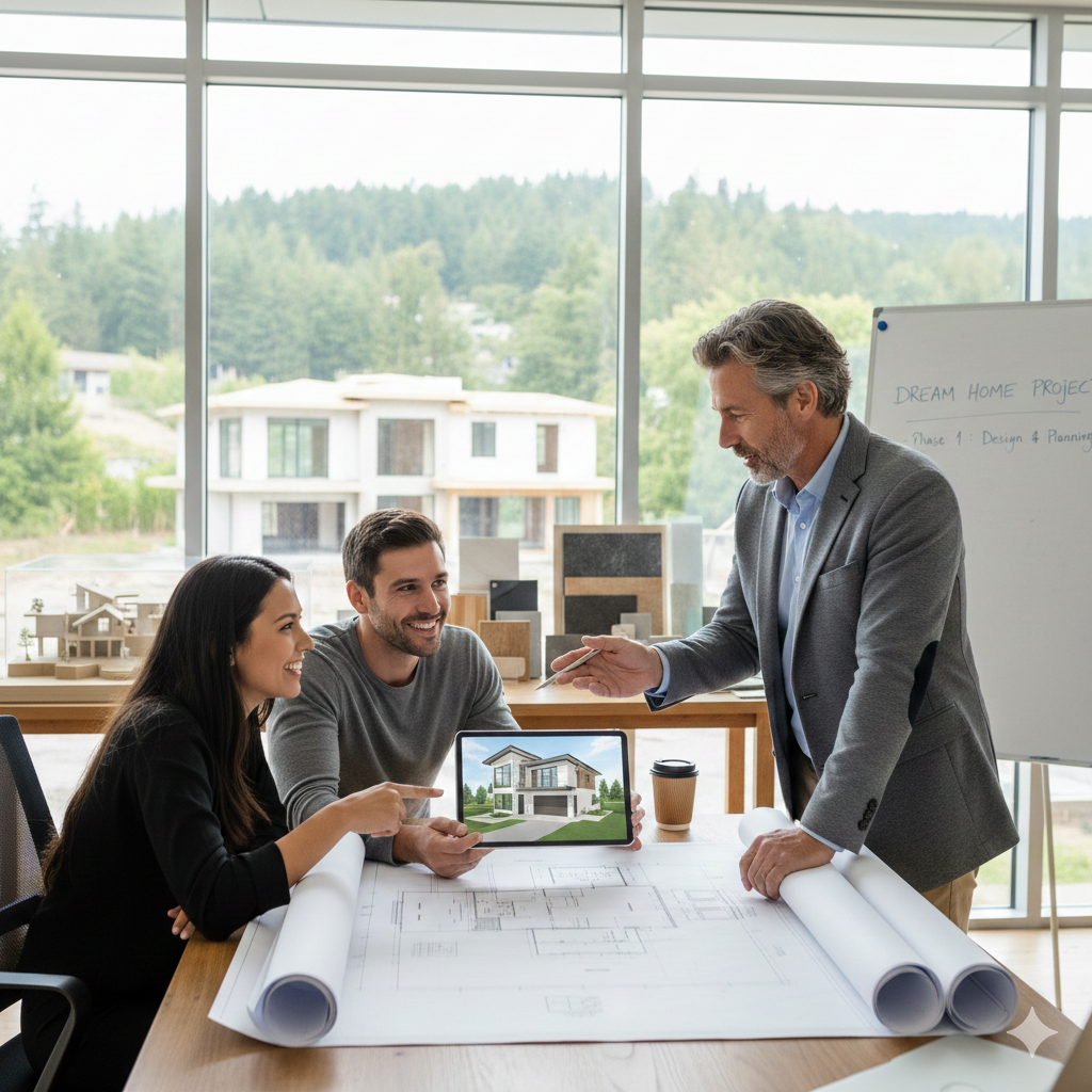 Professional architect showing custom home 3D render on tablet to a couple during a design consultation.