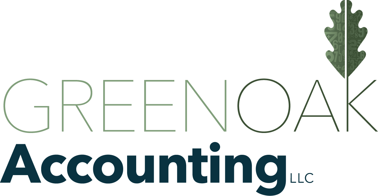 Green oak leaf with numbers and math symbols, alongside the text "Green Oak Accounting LLC" in green and blue.