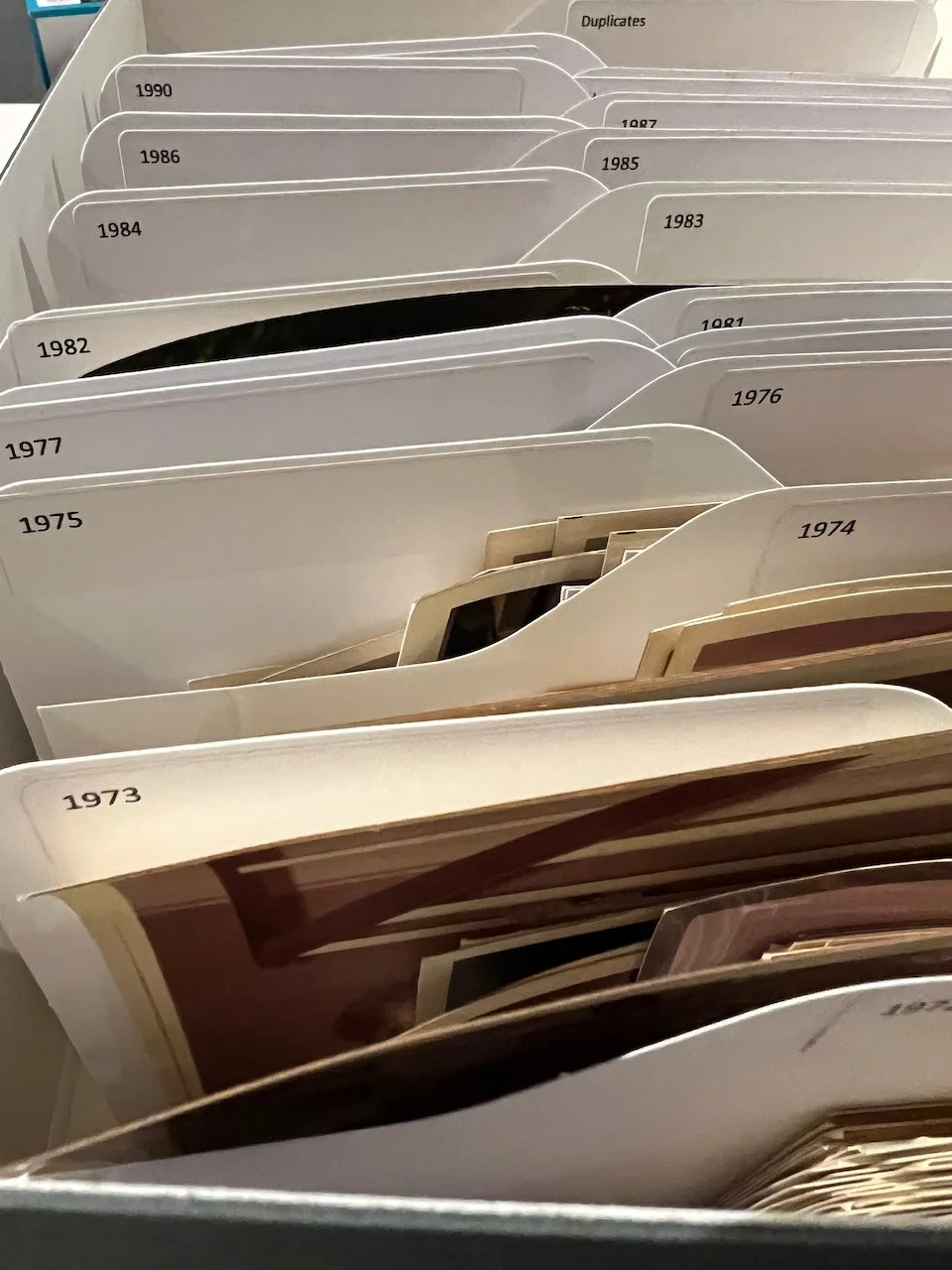 box of photos organized with chronological labels