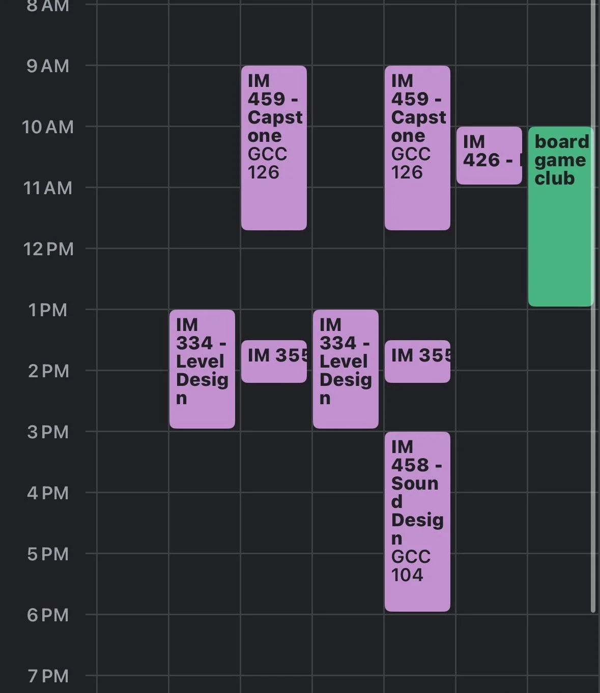 black calendar schedule image with colored boxes showing classes