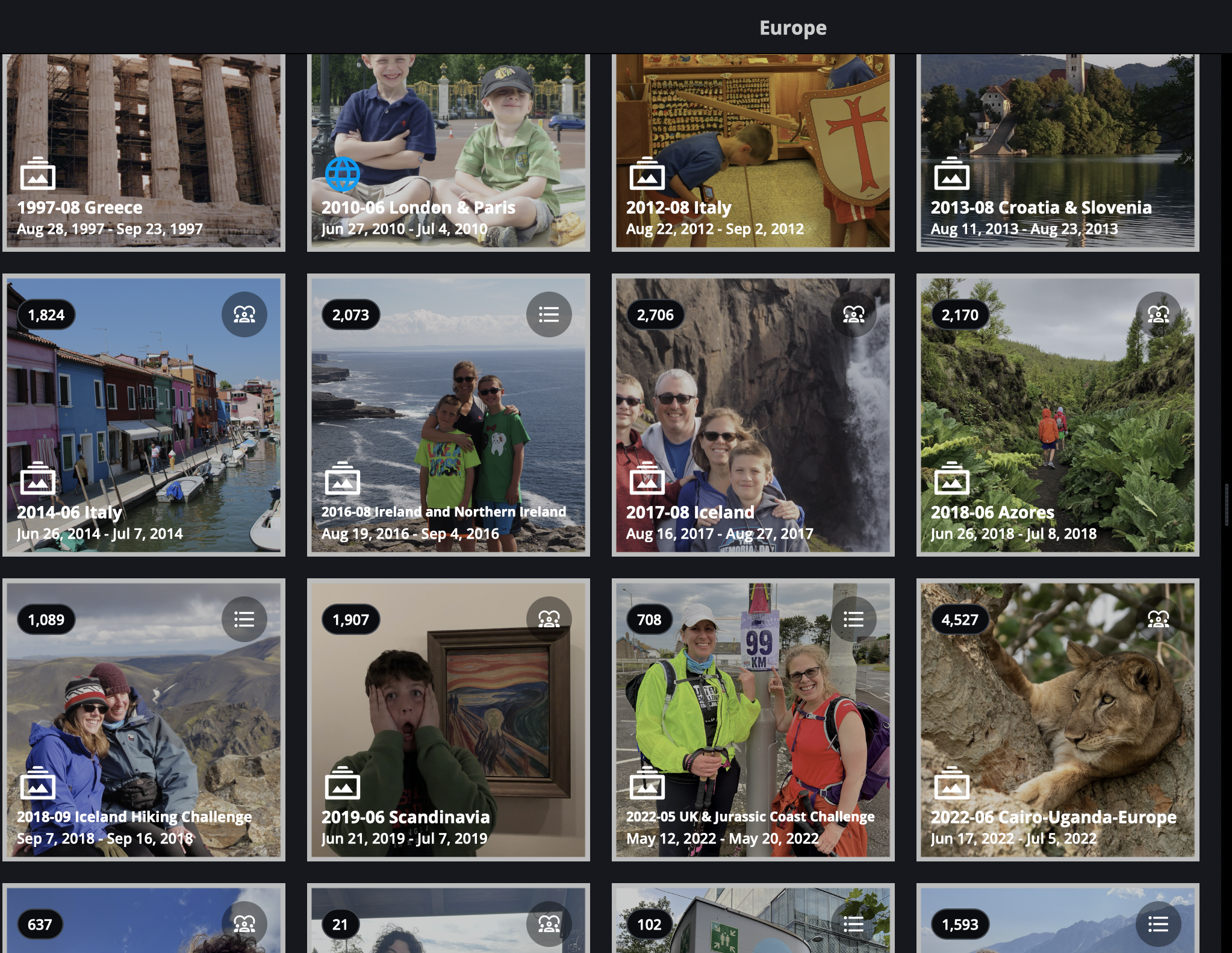 screenshot with black backgound and white squares showing photographs of different places and countries.