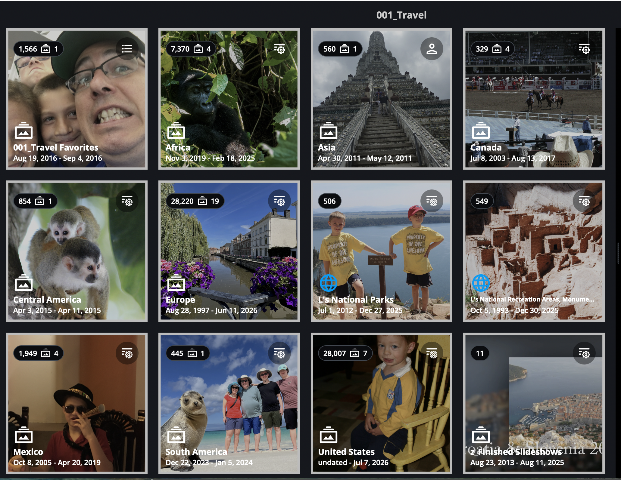 screenshot with black backgound and white squares showing photographs of different places and continents.