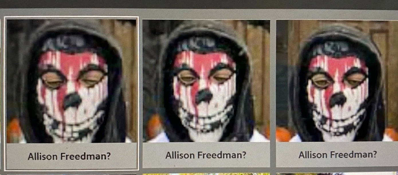 3 boxes with faces covered by a mask identified as Allison Freedman?