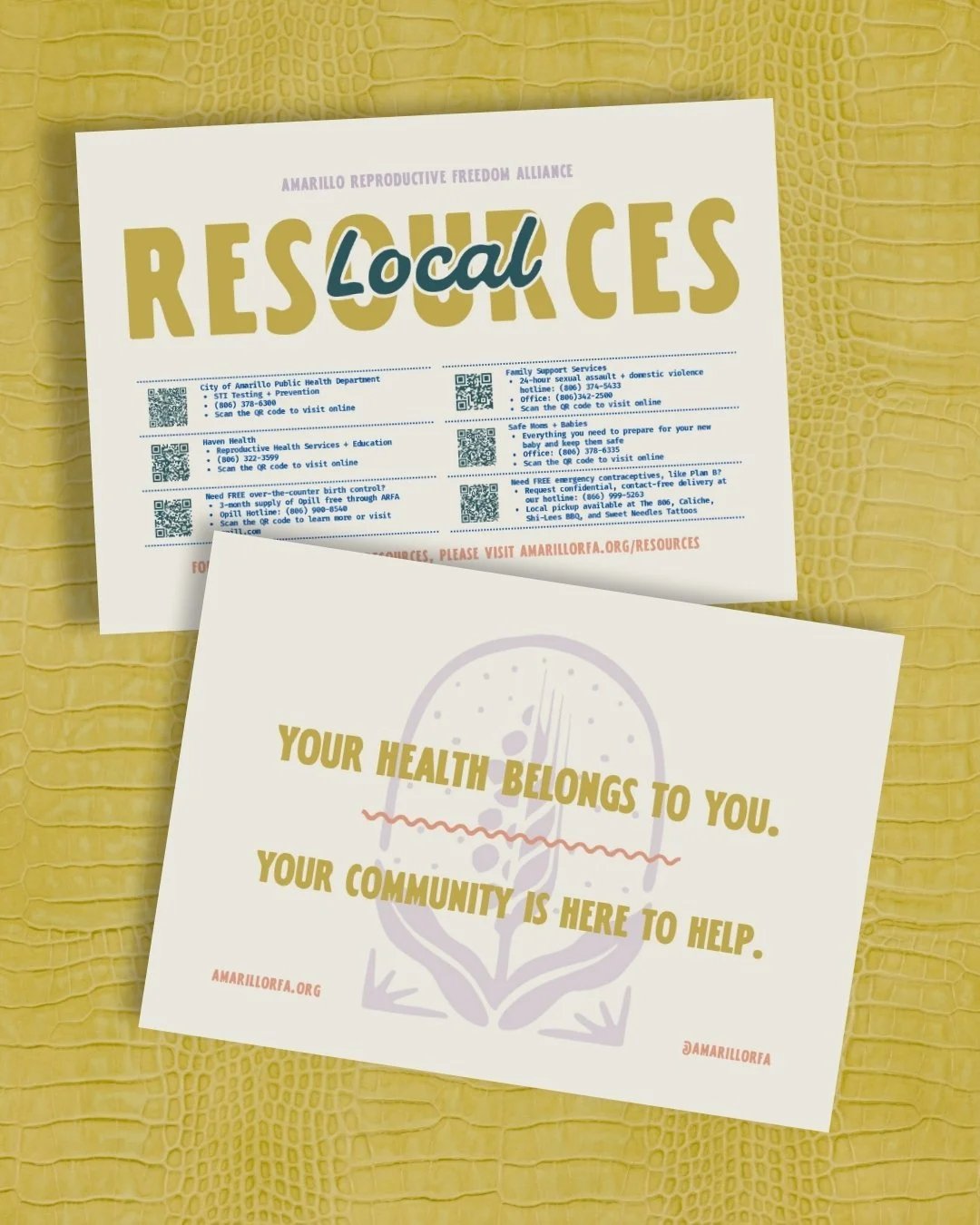 Image of Amarillo Reproductive Freedom Alliance's postcard with a list of local resources for folks looking for sexual health options.