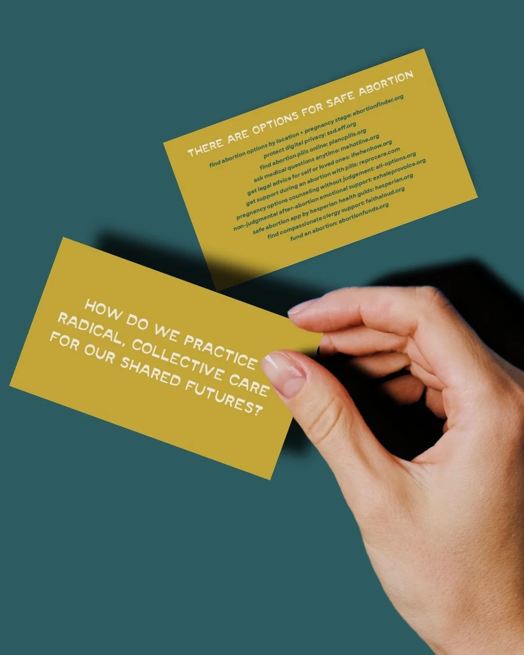 Image of card with a list of reproductive health resources for folks in need of help finding abortion care.