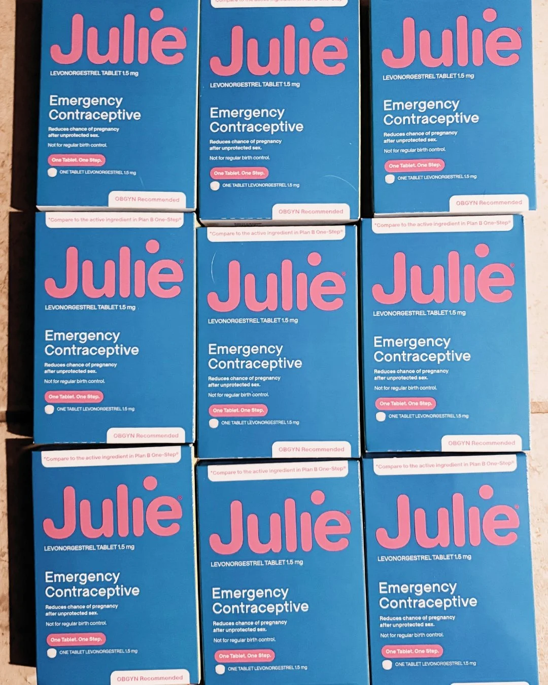 Image of boxes of Julie, a brand of emergency contraceptive, also known as Plan B; Free Plan B is offered by Amarillo Reproductive Freedom Alliance and Jane's Due Process.
