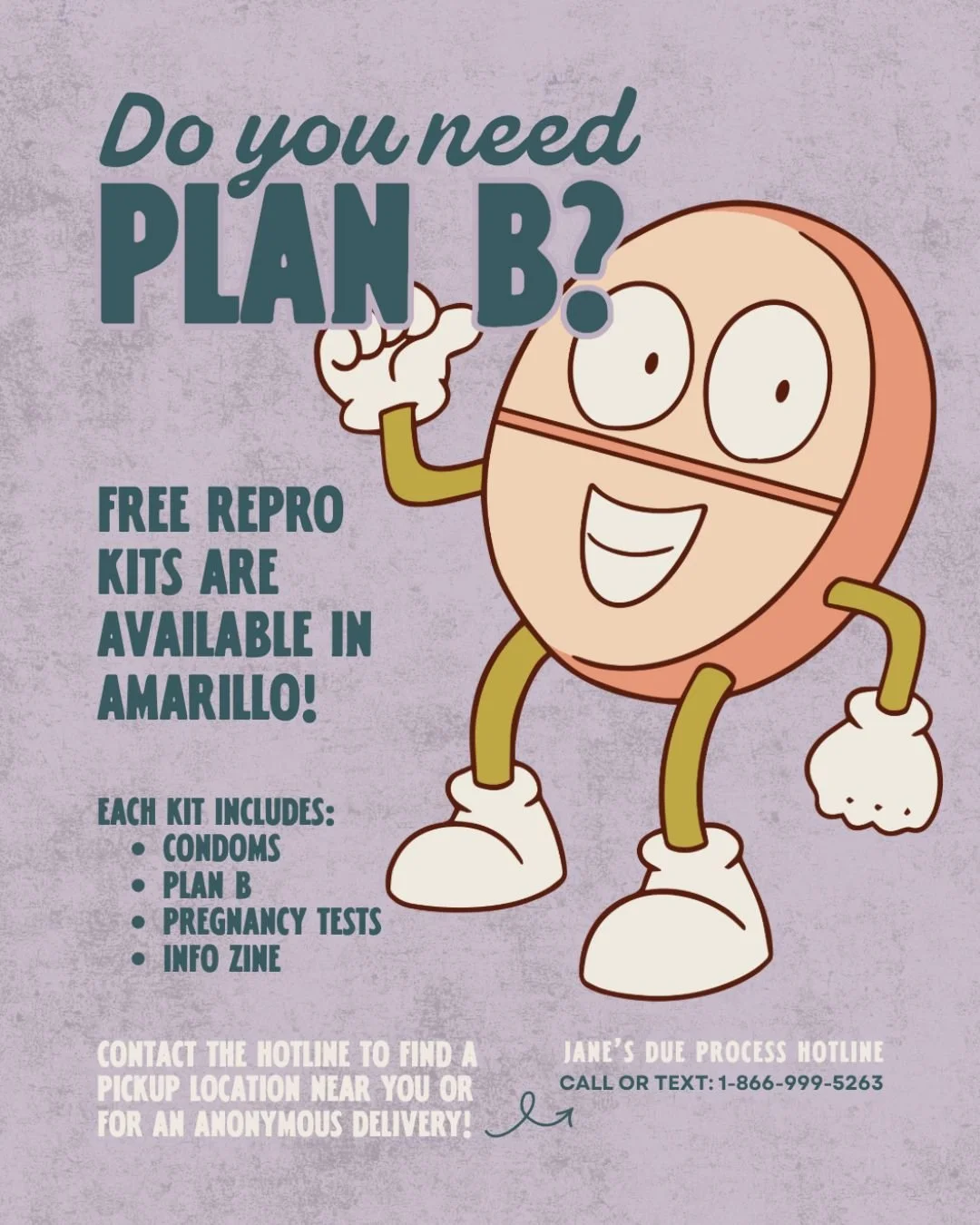 Image of flyer for free Plan B, available through Amarillo Reproductive Freedom Alliance Repro Kit program.