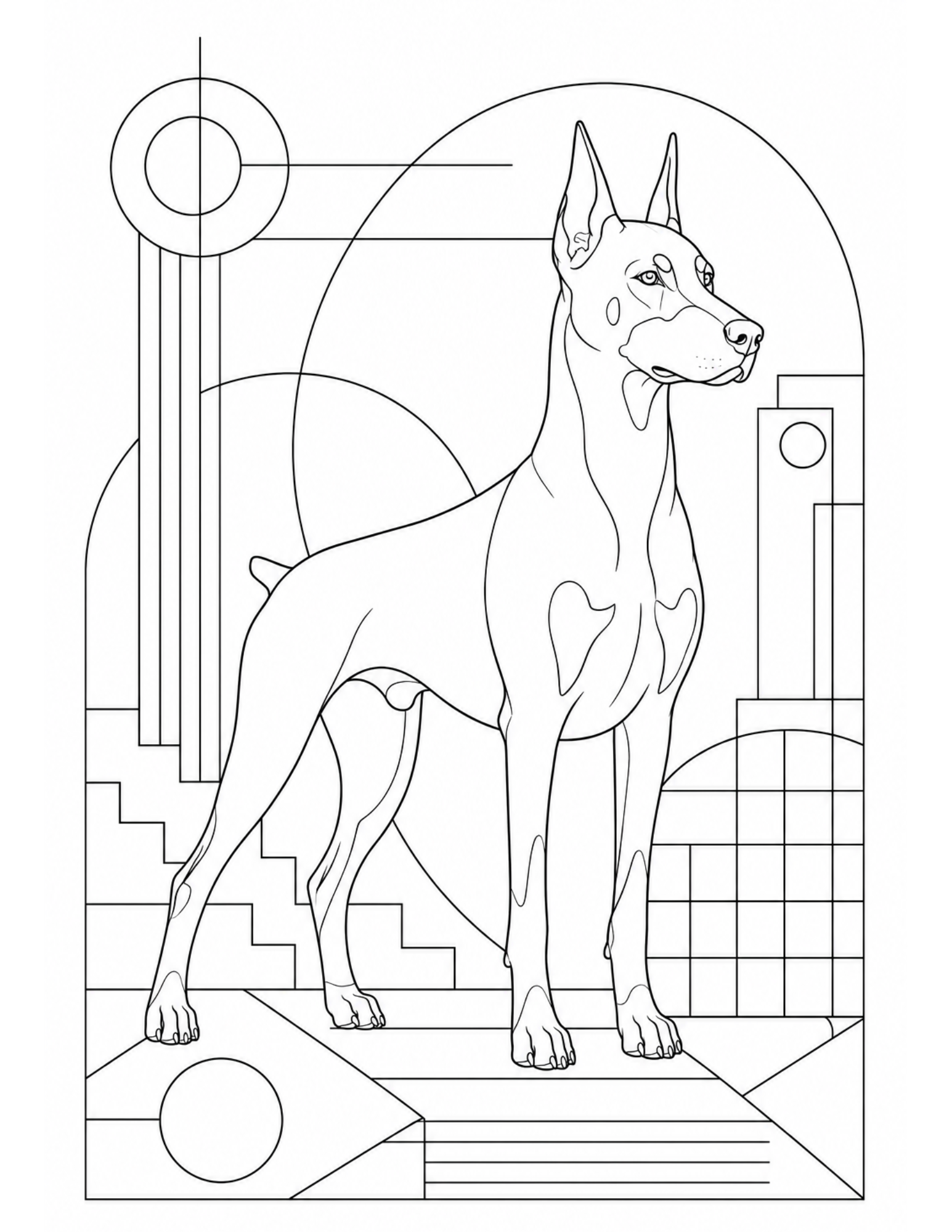 A Doberman Coloring Page with a Doberman in front of geometric bauhaus shapes