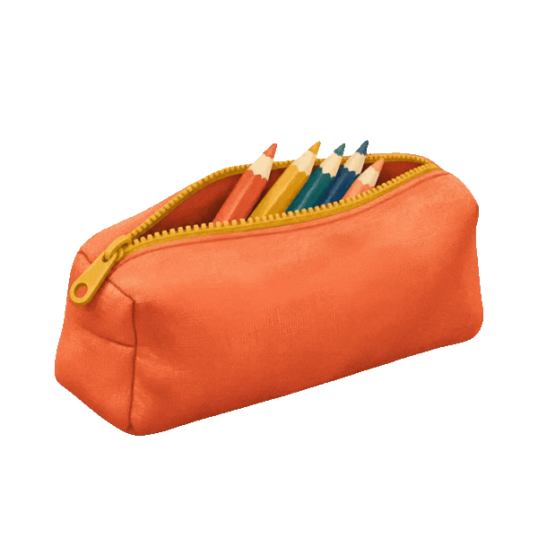 An orange pencil case with colored pencils