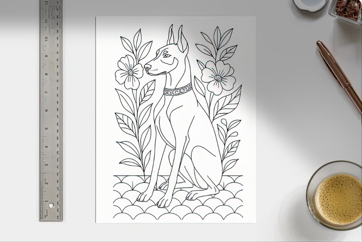 Line drawing of a sitting Doberman dog with flowers and leaves in the background, on a white sheet of paper, with a ruler, a pen, a cup of coffee, and two containers of small objects nearby.