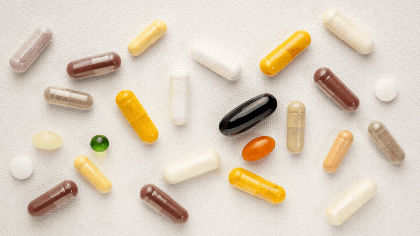 An animated, surreal illustration of a man walking through a labyrinth of supplement capsules for a Doberman article about supplement choices