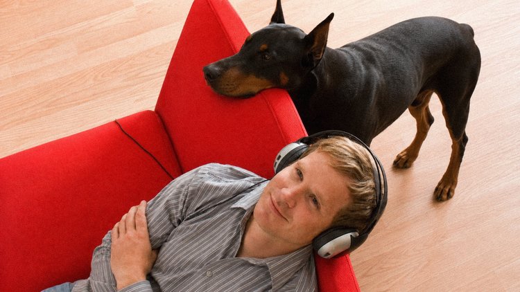 Listening to the ADW Audio Magazine with a Doberman nearby