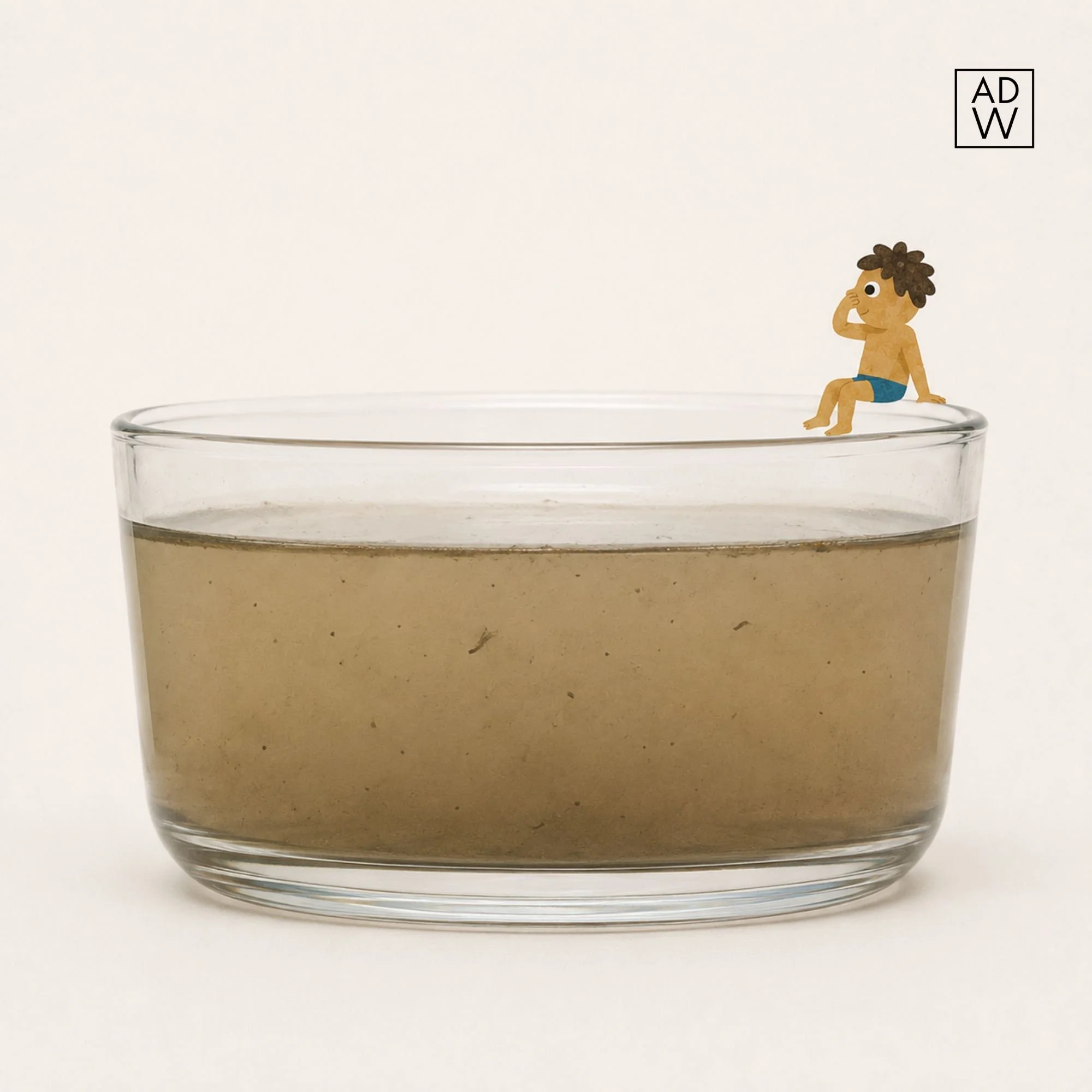 A tiny illustrated boy in swim trunks sitting on the rim of a glass bowl with dirty water holding his nose