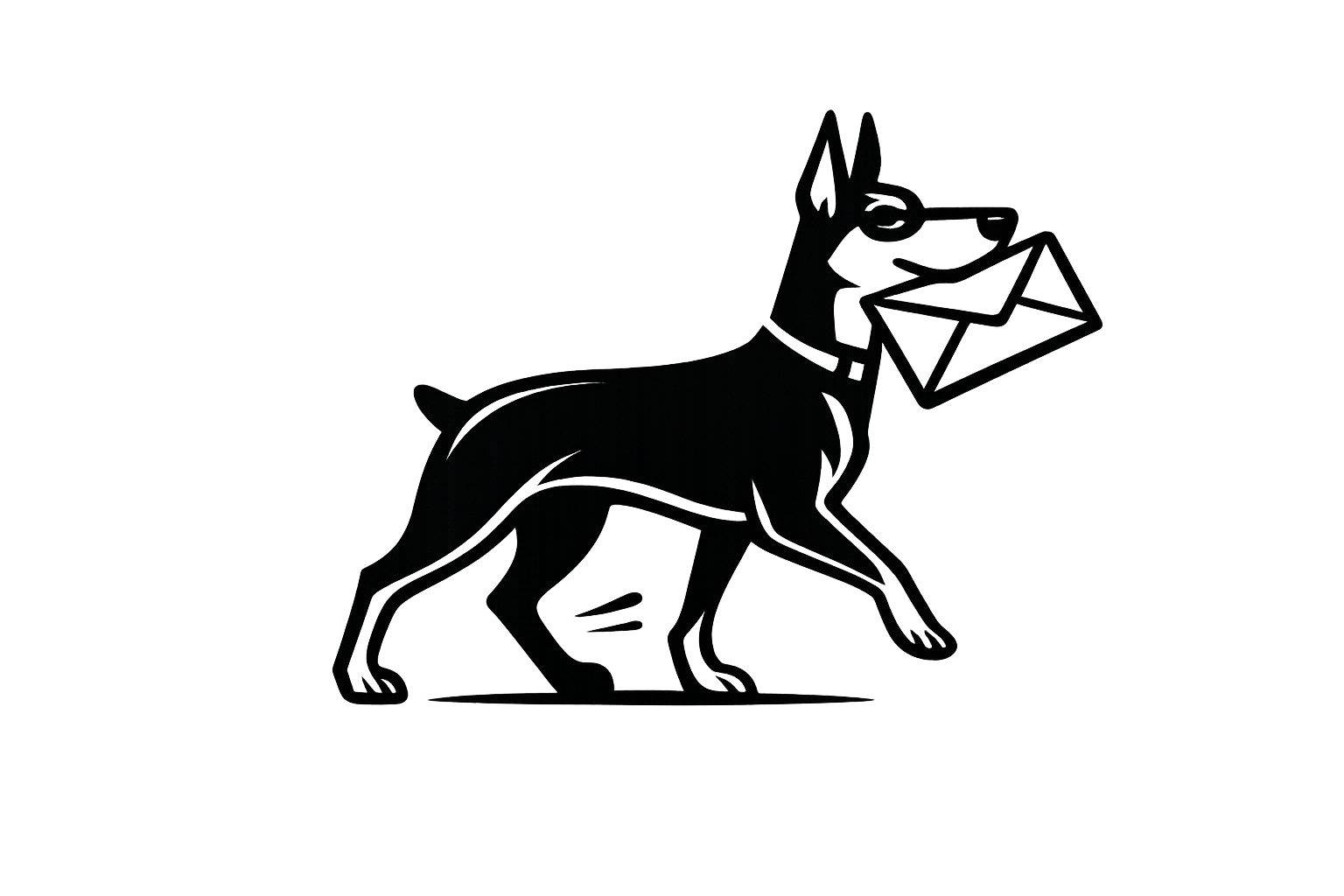 A hand drawn Doberman with a letter in his mouth for the Newsletter Sign Up