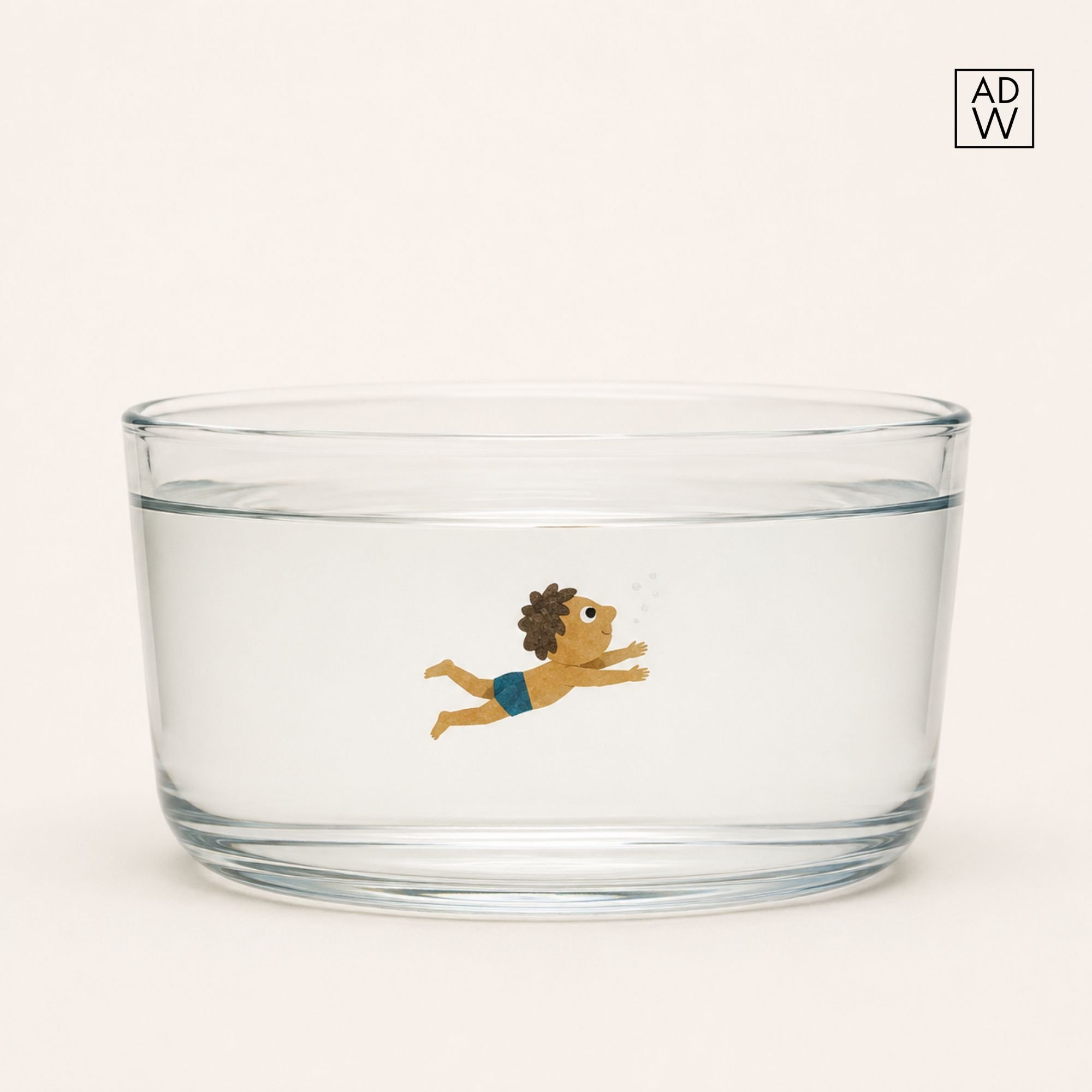 A tiny illustrated boy in swim trunks swimming and diving in a glass bowl filled with water