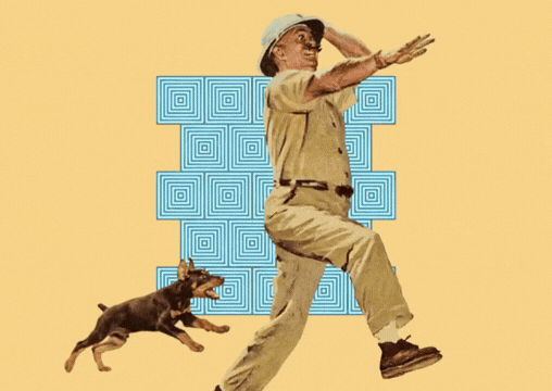 A vintage cartoon scene of a Doberman puppy chasing a man in a safari outfit