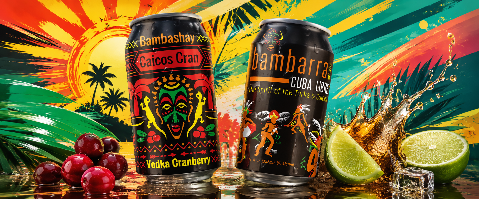 Two cans of Bambarra tropical liquor with vibrant, island-themed artwork, surrounded by pineapple slices, cherries, lime wedges, ice cubes, and splashes of liquid against a colorful, tropical backdrop with a sunset and palm trees.