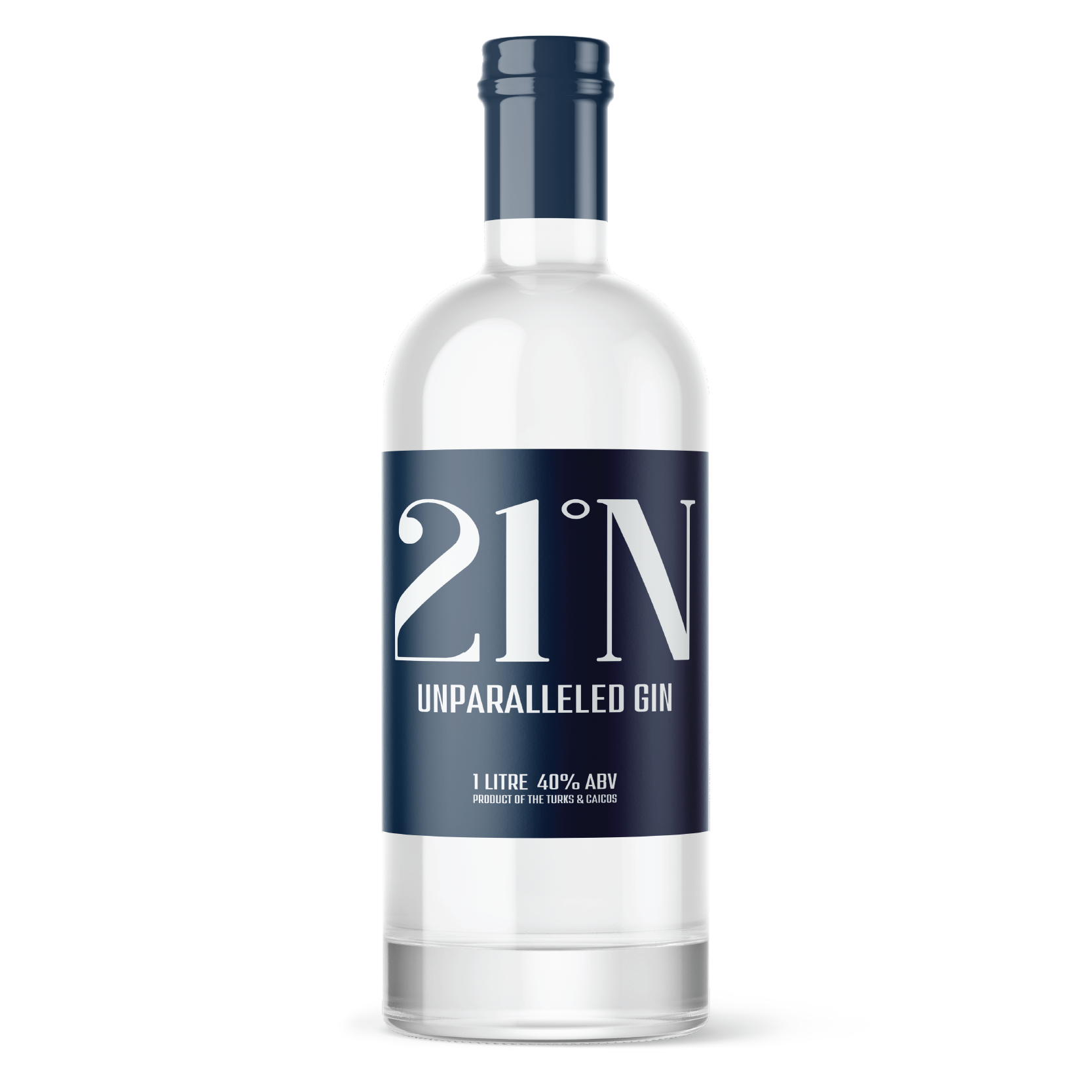 A clear glass bottle of 21°N Unparalleled Gin with a blue label and blue cap.
