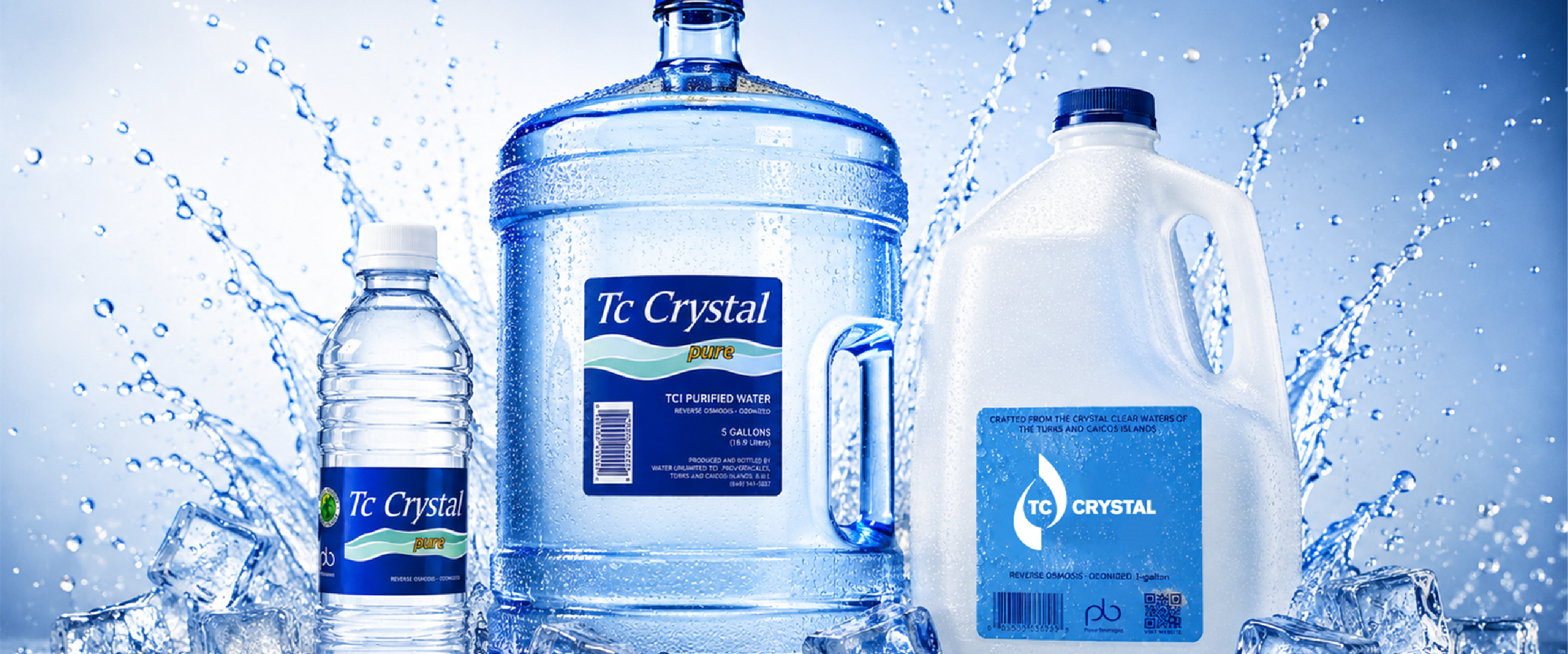 Assorted bottles of pure water made from crystal clear water, with water splashing background and ice cubes at the base.