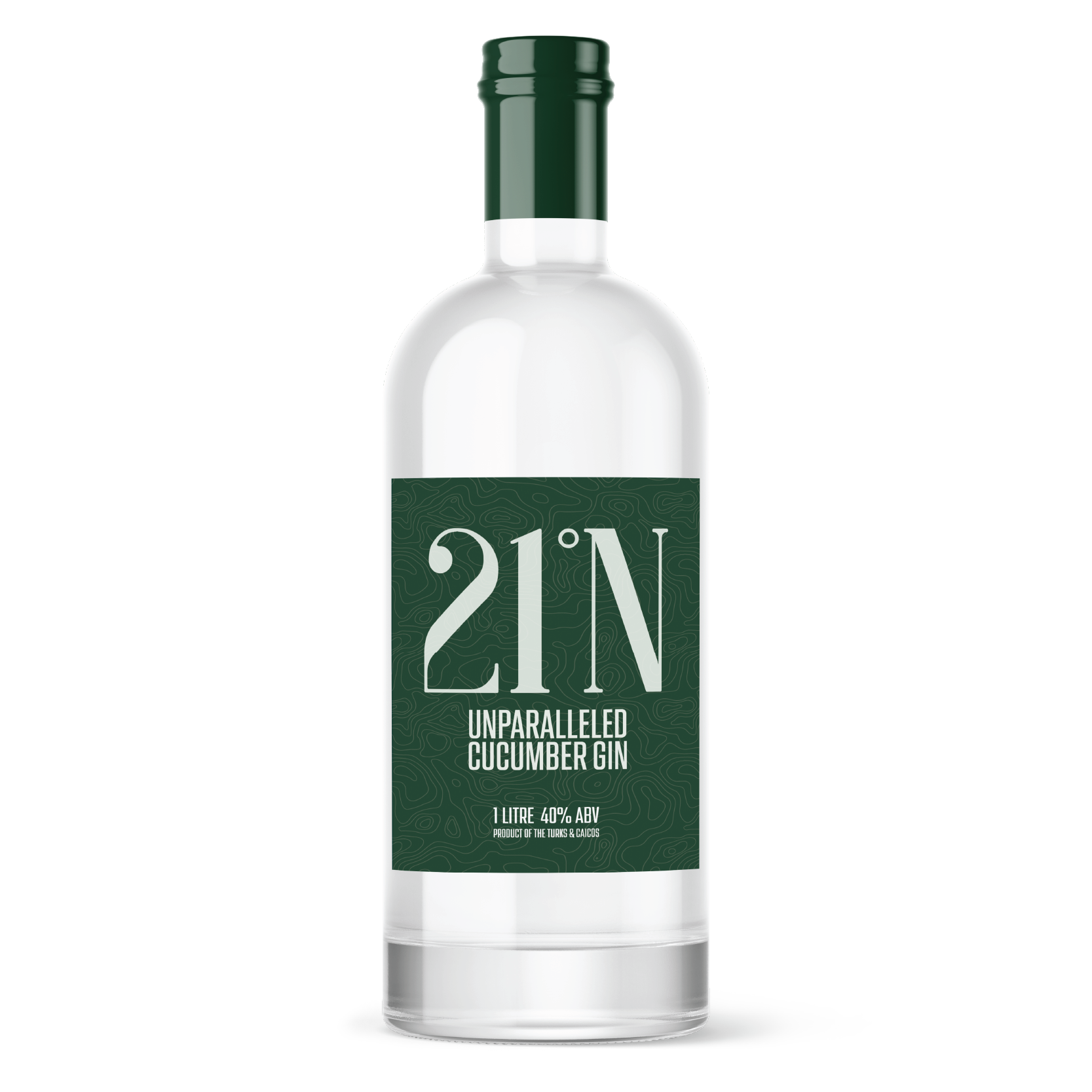 A clear glass bottle with a dark green cap and a dark green label. The label reads "21°N Unparalleled Cucumber Gin," and states it contains 40% alcohol by volume, and is a product of the Turks & Caicos.