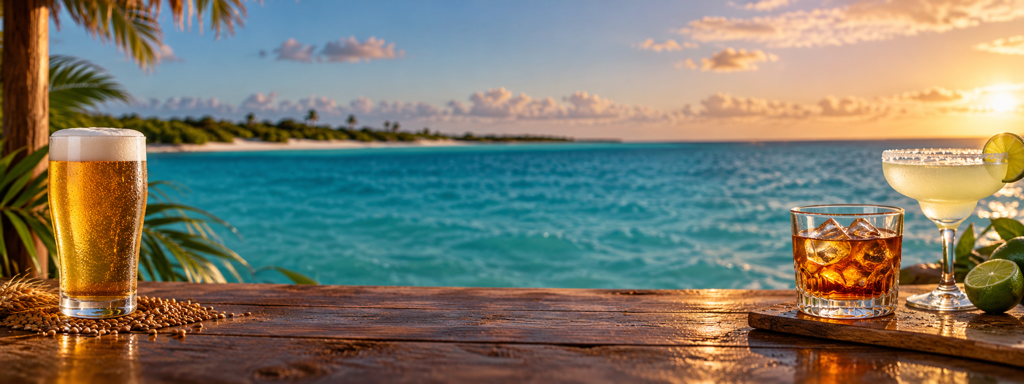Tropical beach scene with a sunset over the ocean, a glass of beer, a whiskey on the rocks, and a margarita with a lime wedge on a wooden table.