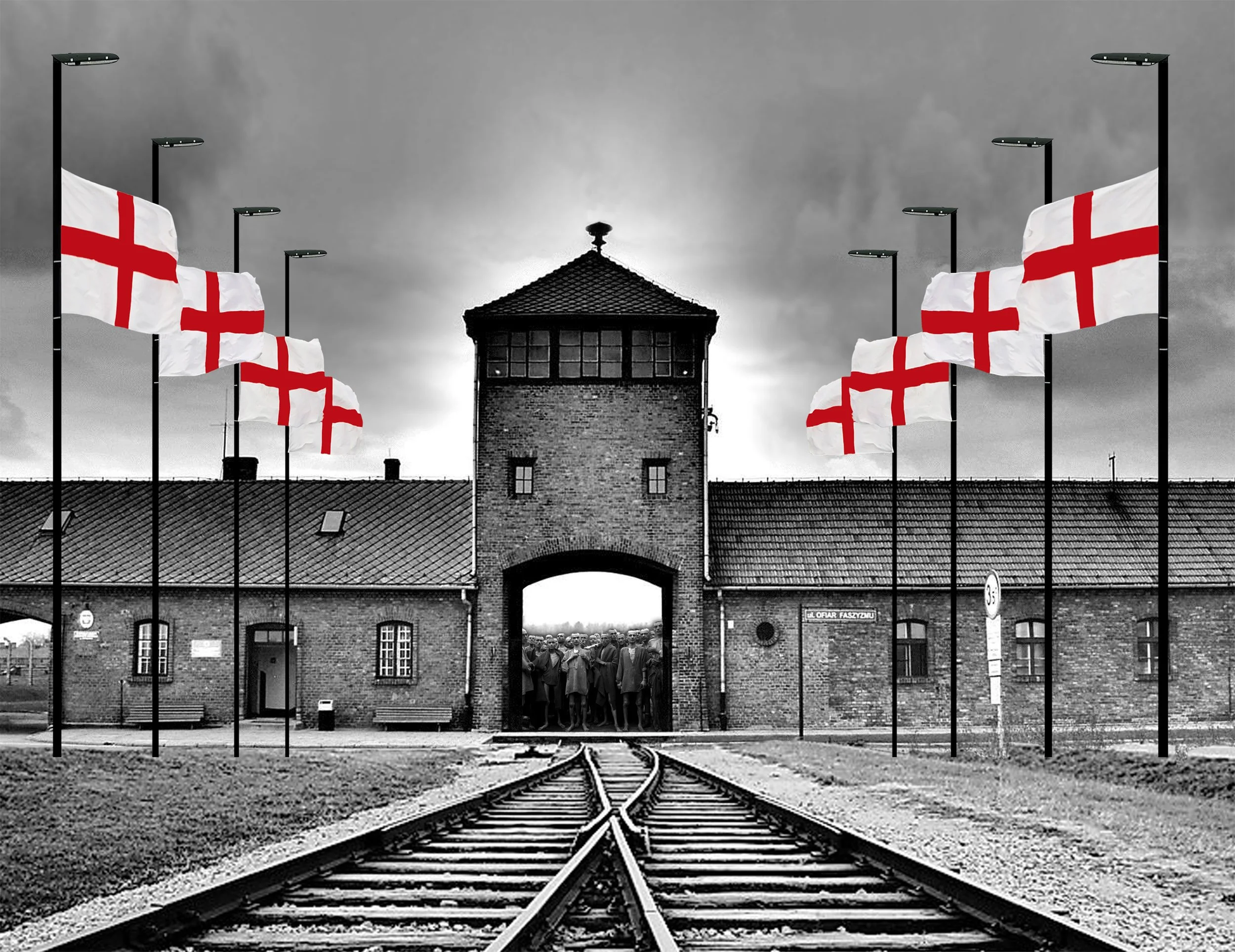 “Entrance to Auchwitz”      digital photomontage      in limited edition Giclee prints     on A2 Hahnemule paper