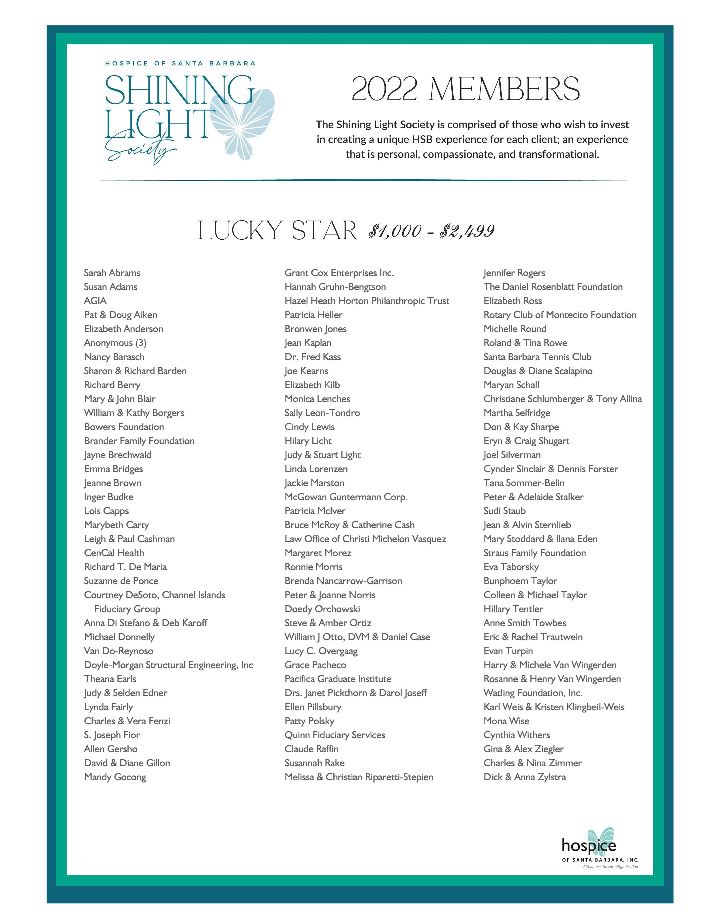 List of 2022 members of the Shining Light Society, affiliated with Hospice of Santa Barbara, including names and donors, with a decorative butterfly logo at the top left and the hospice logo at the bottom right.