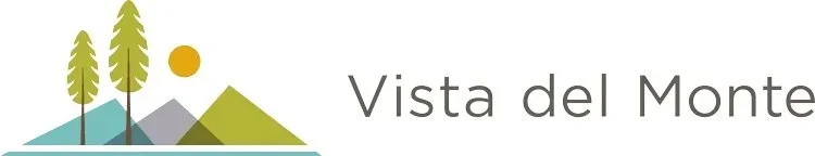 Illustration of mountains, trees, and a sun with the text 'Vista del Monte'.