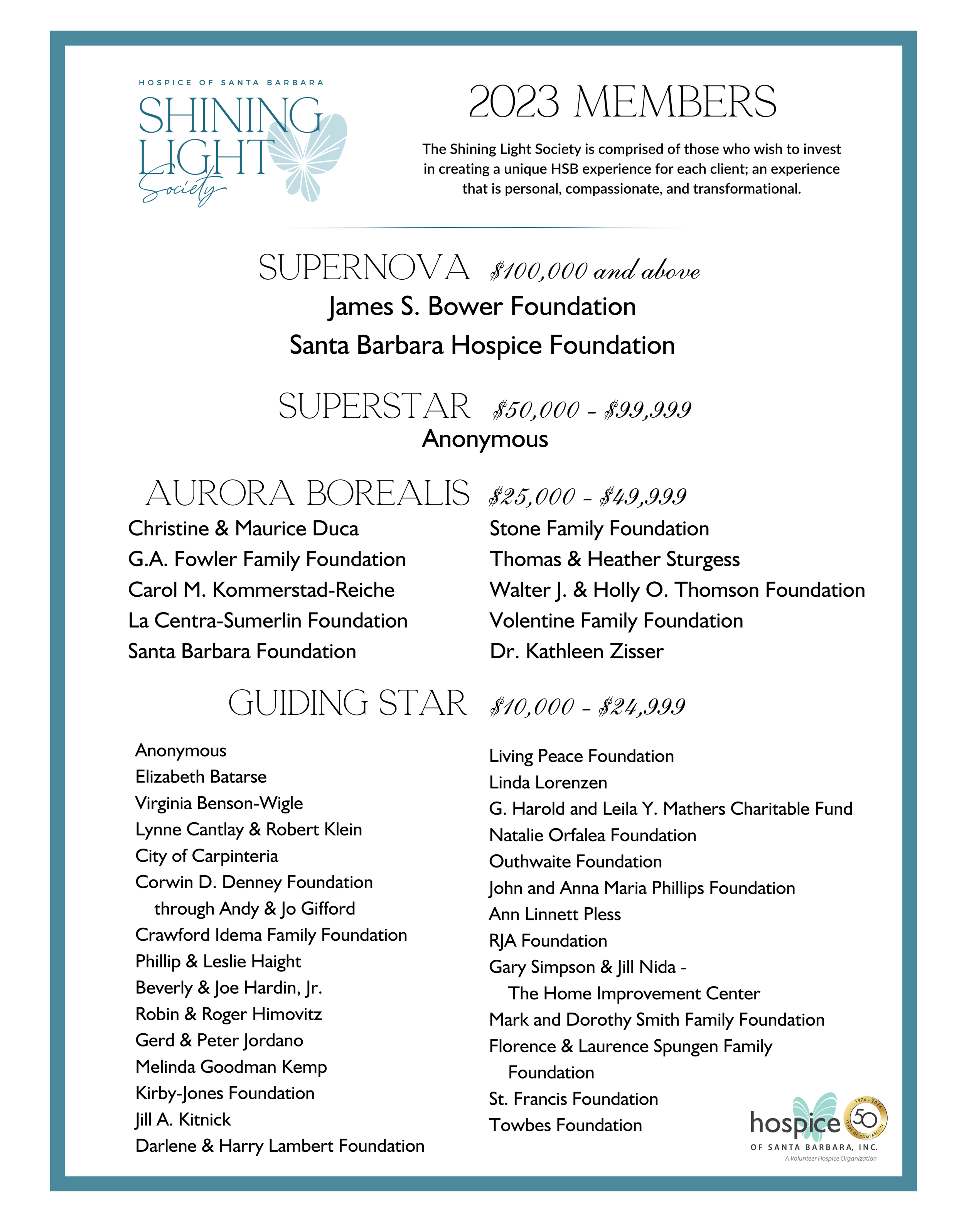 2023 membership acknowledgment page for the Shining Light Society at Hospice of Santa Barbara, listing donors in categories: Supernova, Superstar, Aurora Borealis, and Guiding Star, with donation amounts, including foundations and individuals.