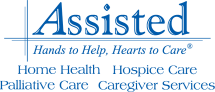 Logo of Assisted Healthcare, featuring a blue cross and the words Healthy, Heart, Care, Hospice, and Caring.