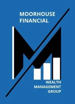 Logo for Moorhouse Financial Wealth Management Group with a blue background, a large black and white M, an upward trending arrow, and a bar graph.