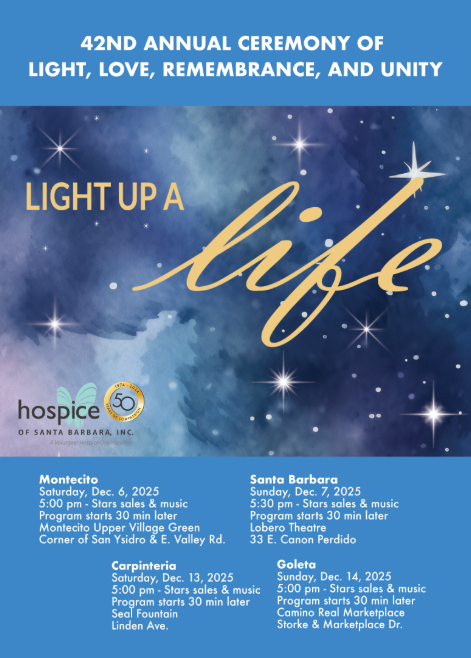 Event poster for the 42nd Annual Ceremony of Light, Love, Remembrance, and Unity, with a starry night sky background and the phrase 'Light Up a Life' in elegant script.