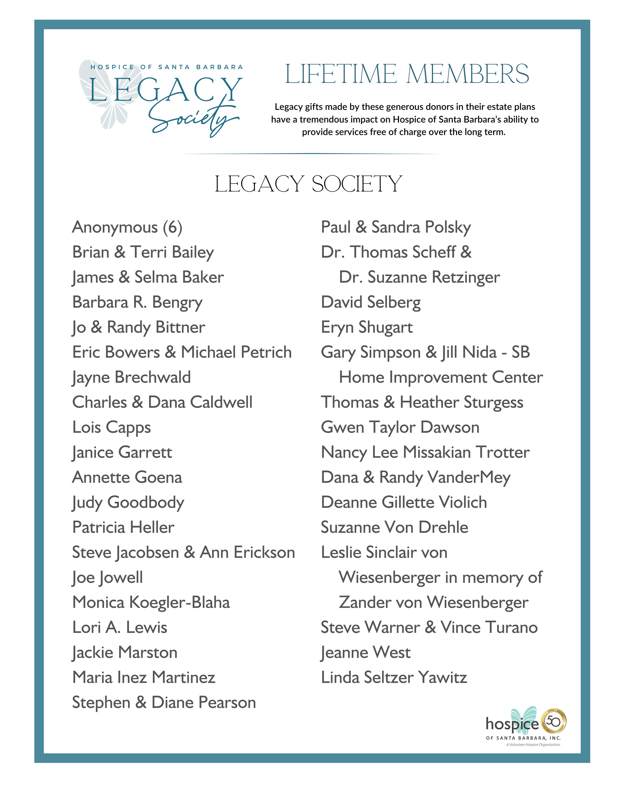 A list of lifelong members and donors of the Hospice of Santa Barbara's Legacy Society, including names and some affiliations, on a certificate with the hospice logo and a 50th anniversary badge at the bottom.