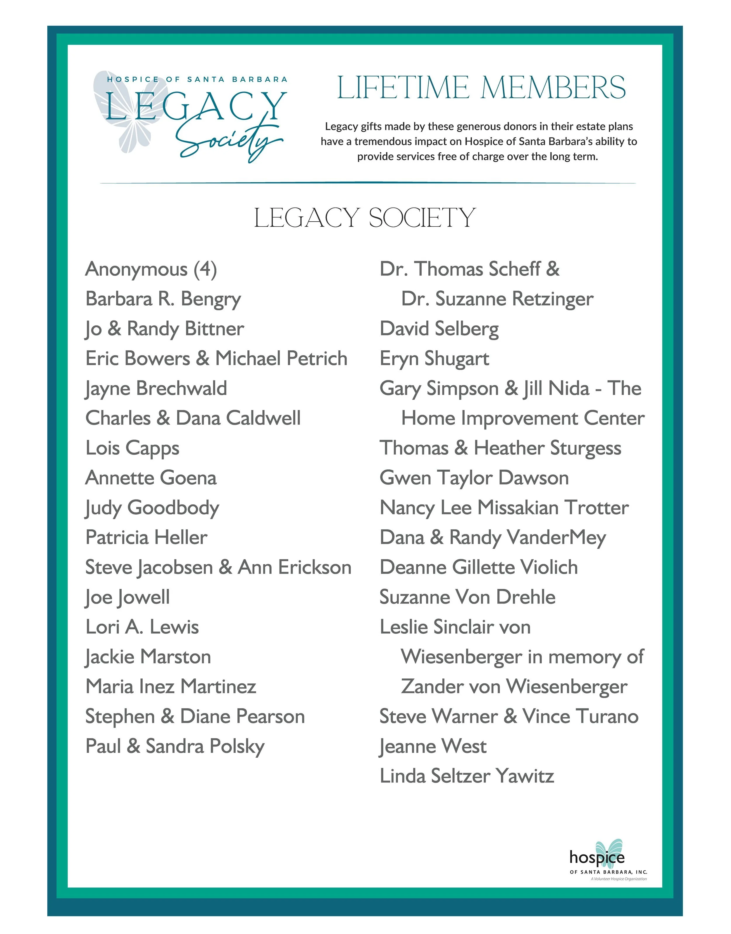 A list of lifetime members of the Hospice of Santa Barbara Legacy Society, including names of donors and their contributions, with a decorative teal border and a hospice logo at the bottom right corner.