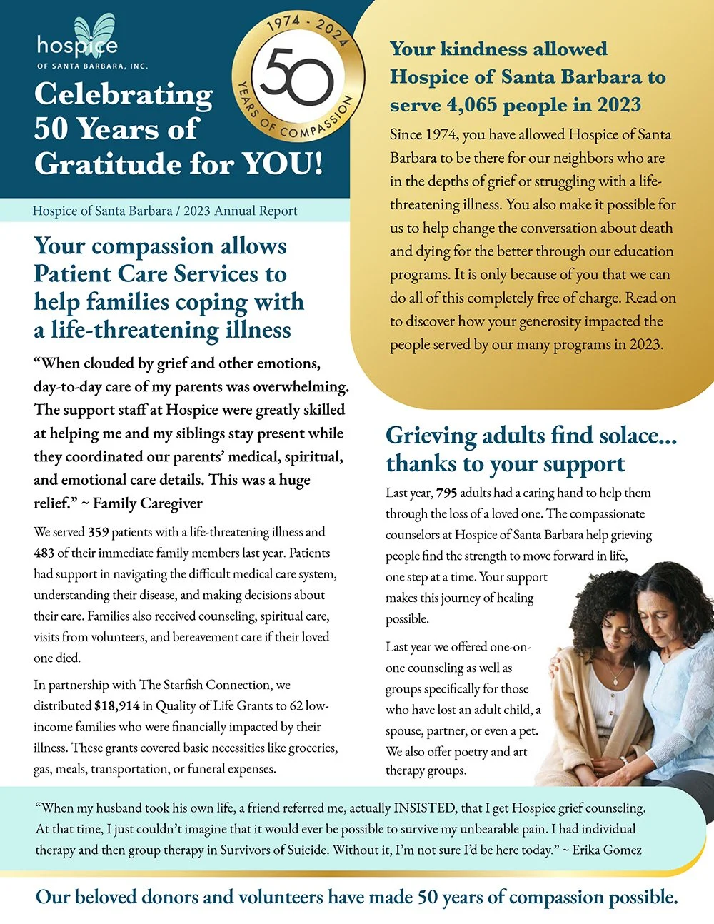 50th anniversary celebration of Hospice of Santa Barbara, highlighting gratitude and support for patients and families, with a gold emblem showing 1974-2024 and the number 50. The image includes text about services, impact, and donors, and a photo of two women holding hands.
