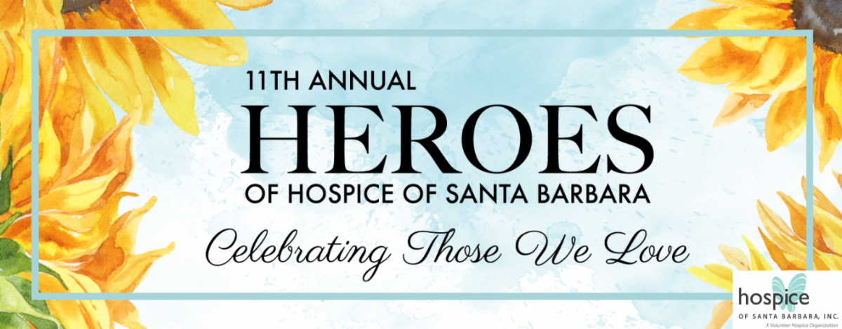 A colorful watercolor banner for the 11th annual Heroes of Hospice of Santa Barbara event, featuring yellow and orange flowers with green leaves and the hospice logo.
