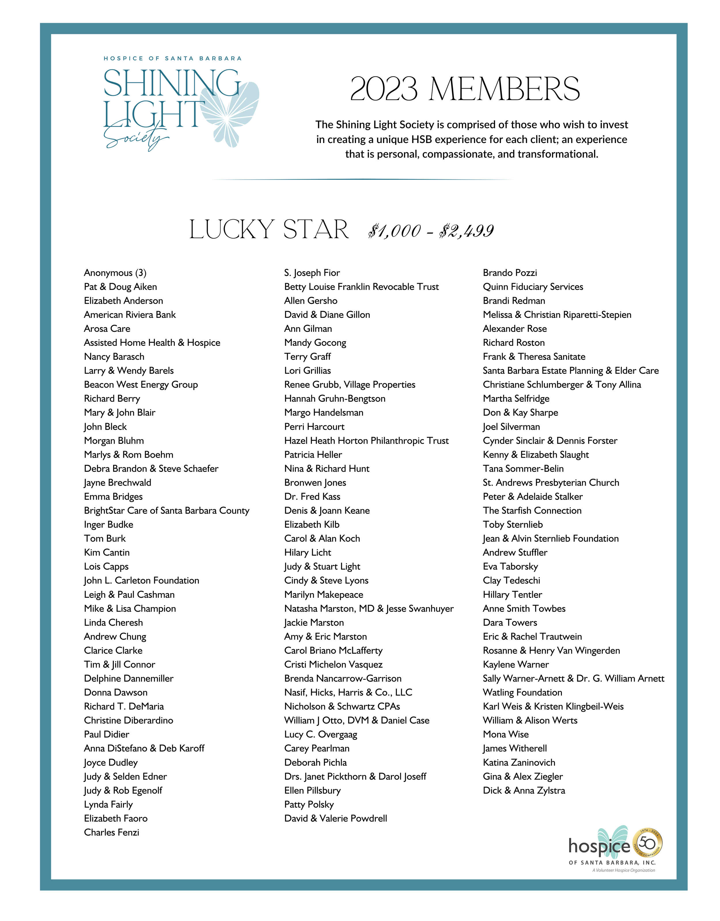 2023 membership list for the Shining Light Society at Hospice of Santa Barbara, with donor names and donation ranges.