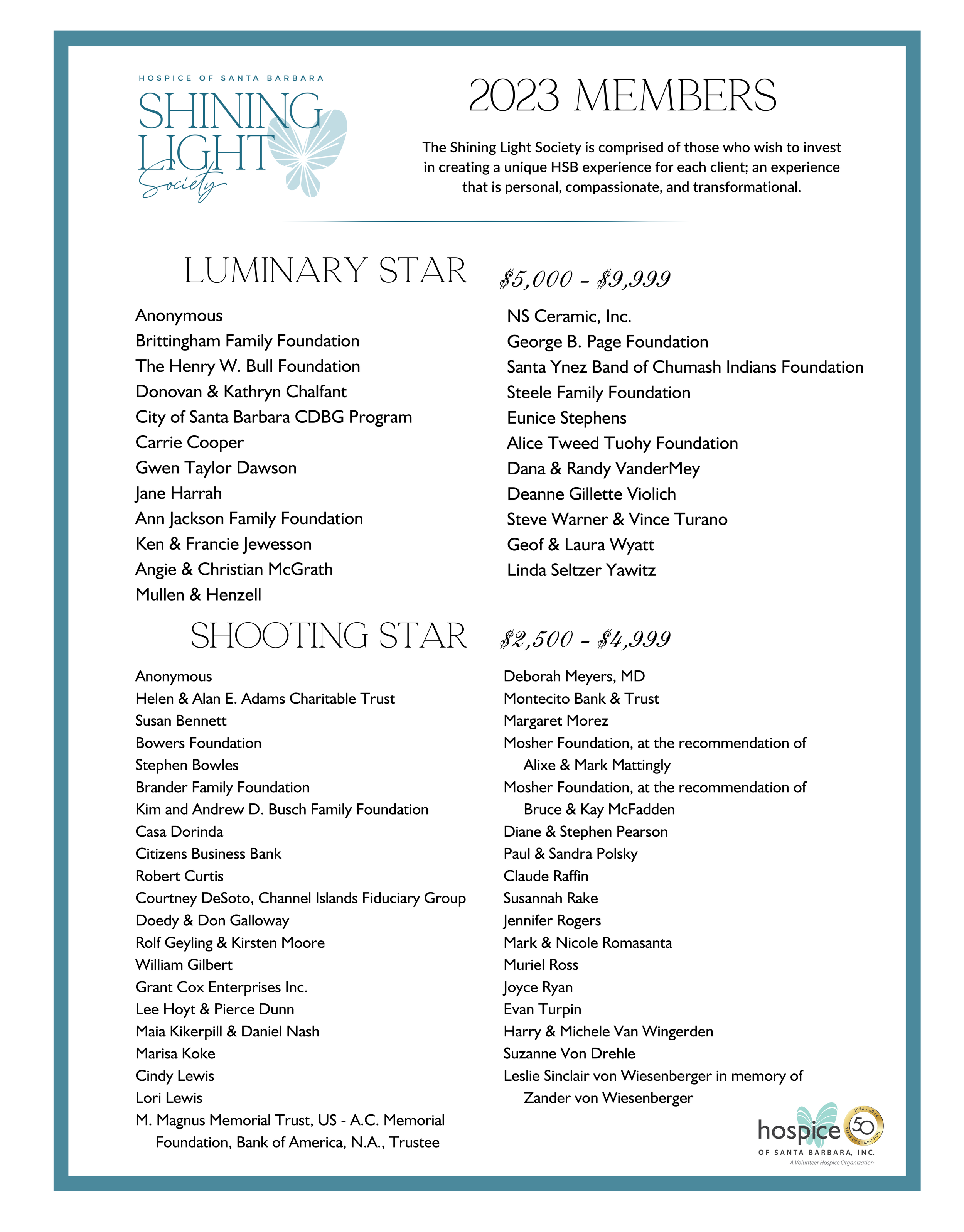 List of 2023 members of the Shining Light Society at Hospice of Santa Barbara, divided into Luminary Star and Shooting Star levels with donation ranges, with logos of the organization and 50th anniversary at the bottom.