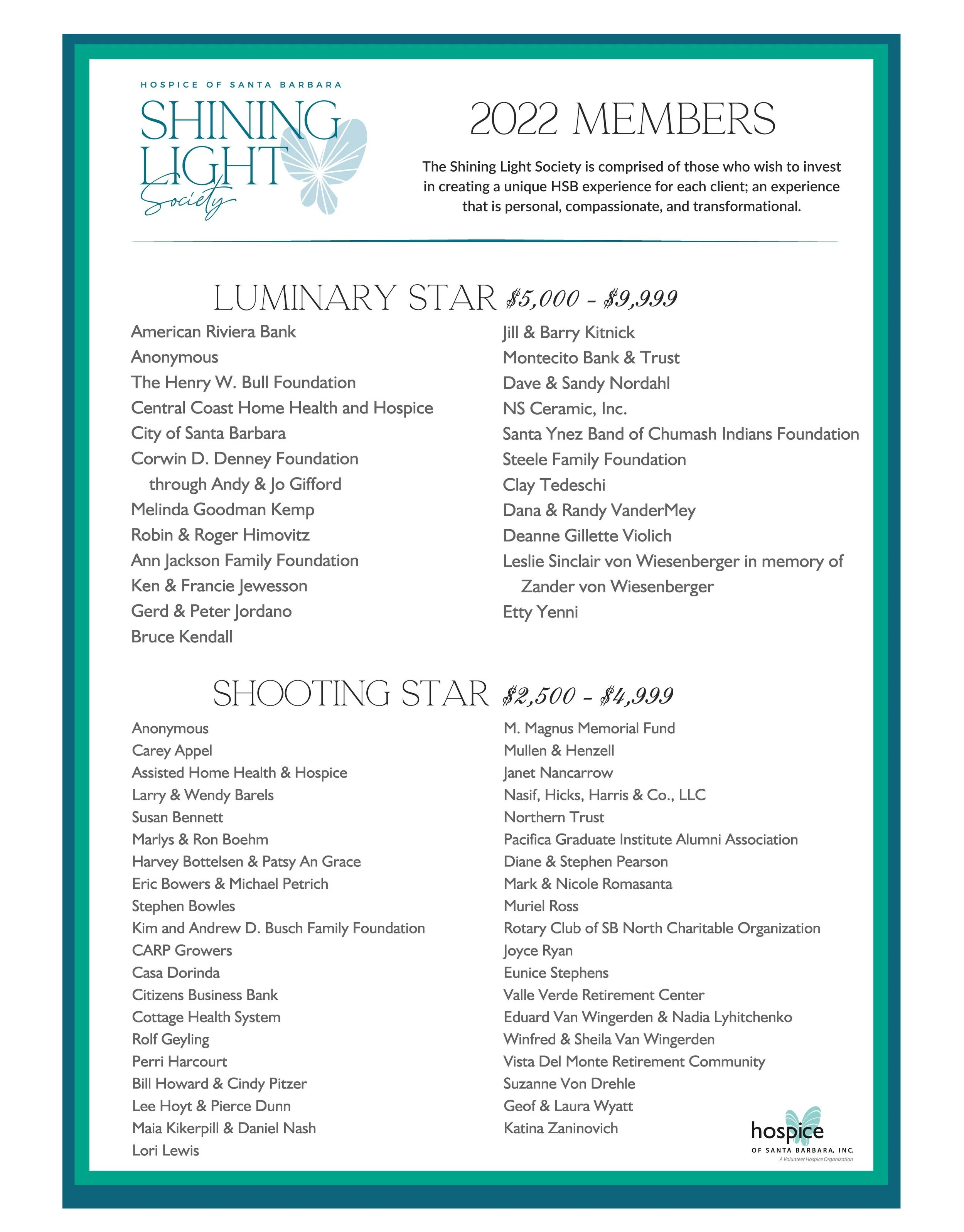 A list of members and donors for the 2022 Shining Light Society, a volunteer hospice organization in Santa Barbara, including categories 'Luminary Star' and 'Shooting Star' with various individual and organization names.
