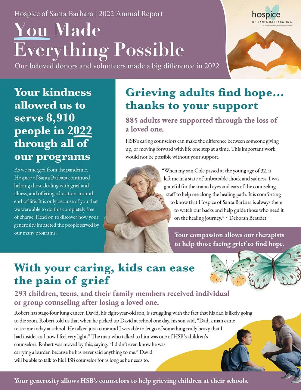 A page from the Hospice of Santa Barbara 2022 Annual Report featuring messages of gratitude to donors and volunteers, a photo of a woman hugging a young girl, and illustrations of butterflies.