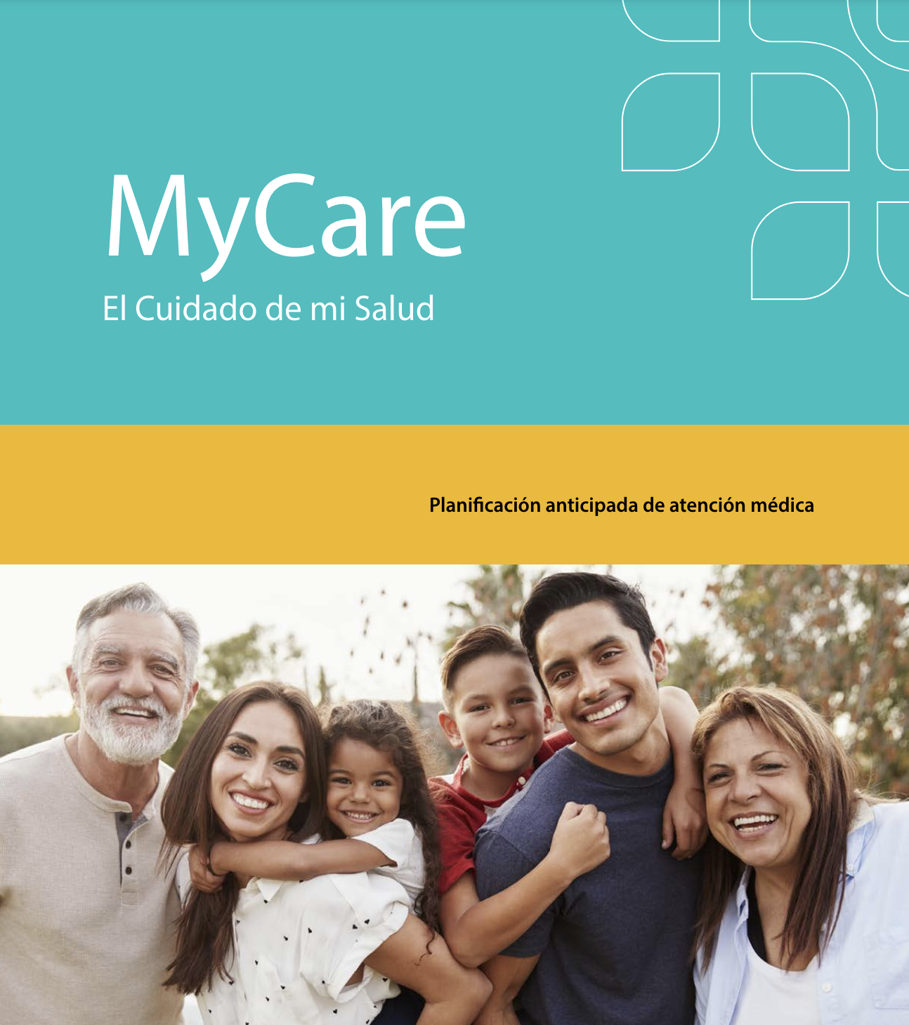 Cover of a healthcare booklet titled 'MyCare' with a subtitle in Spanish and a photo of a diverse family smiling outdoors.