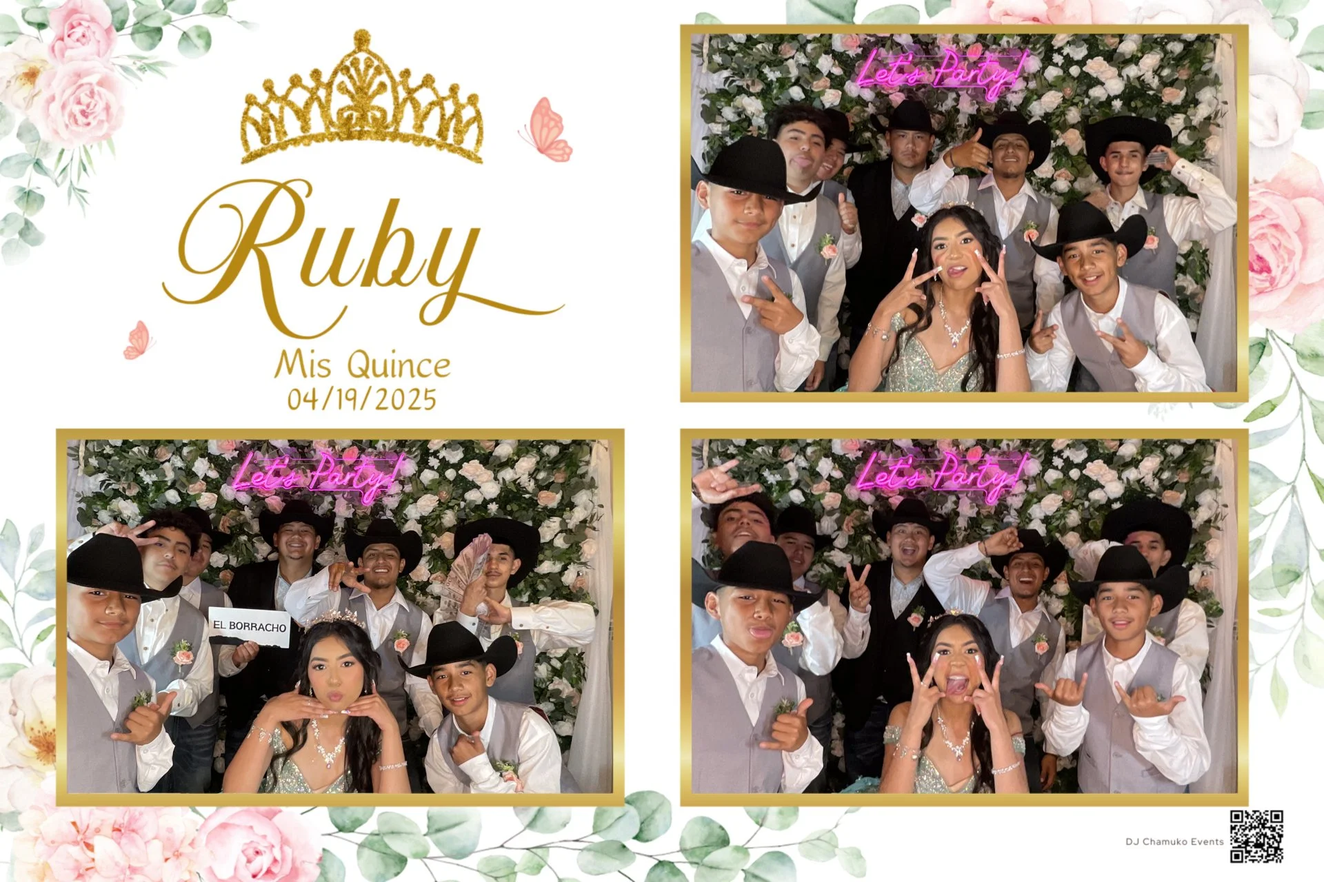 A collage of three group photos of teenagers at a quinceañera celebration with floral backgrounds and a neon sign that says 'Let's Party!'. The event is for Ruby, who is turning 15 on April 19, 2025.