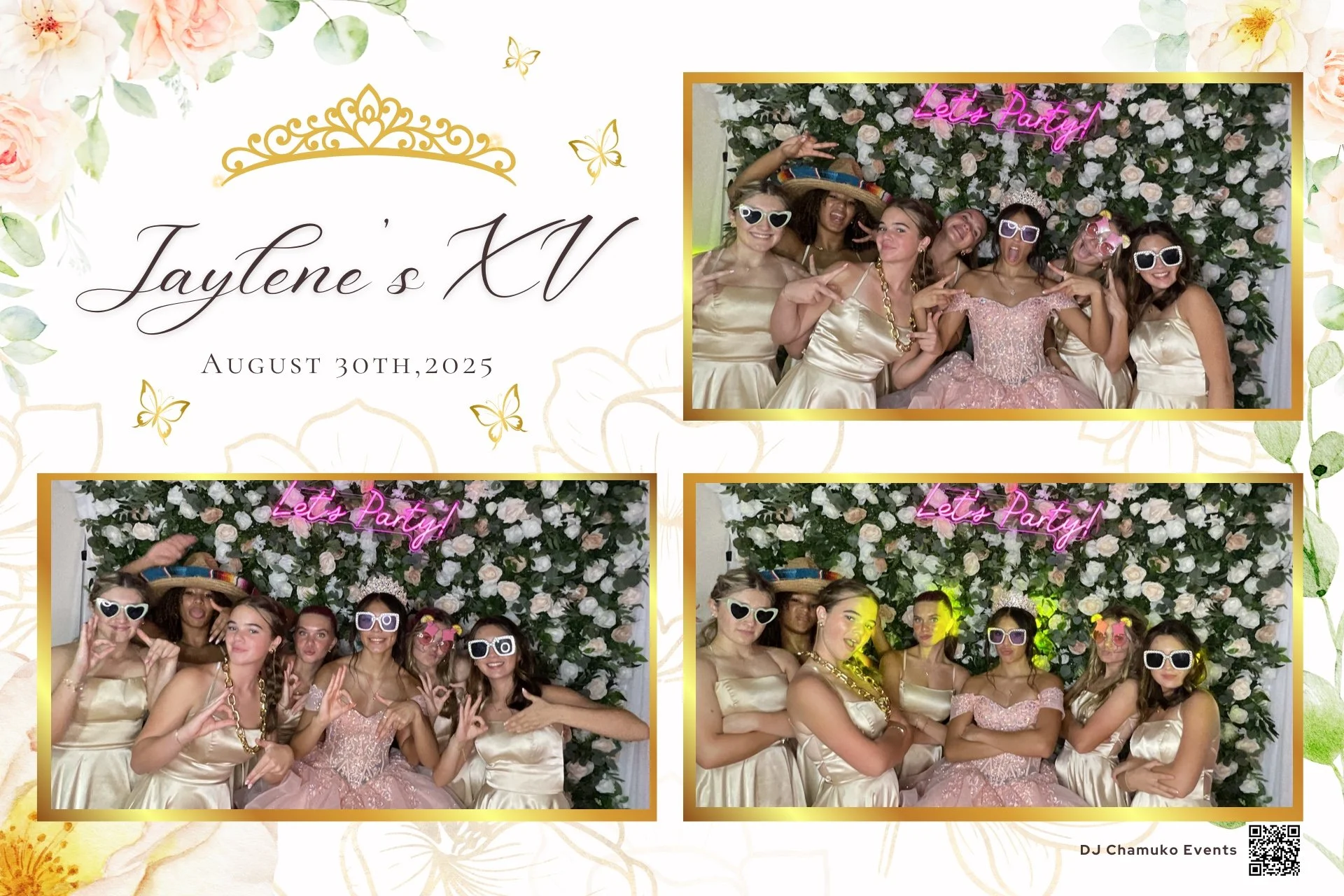 A collage of three photos from a birthday party for Jaytine on August 30th, 2025. The photos feature six women dressed in satin dresses, some with accessories like sunglasses, a sombrero, a tiara, and a gold chain. Behind them is a floral backdrop with a pink neon sign that says "Let's Party". The collage has a floral-themed background and includes the event details and a QR code.
