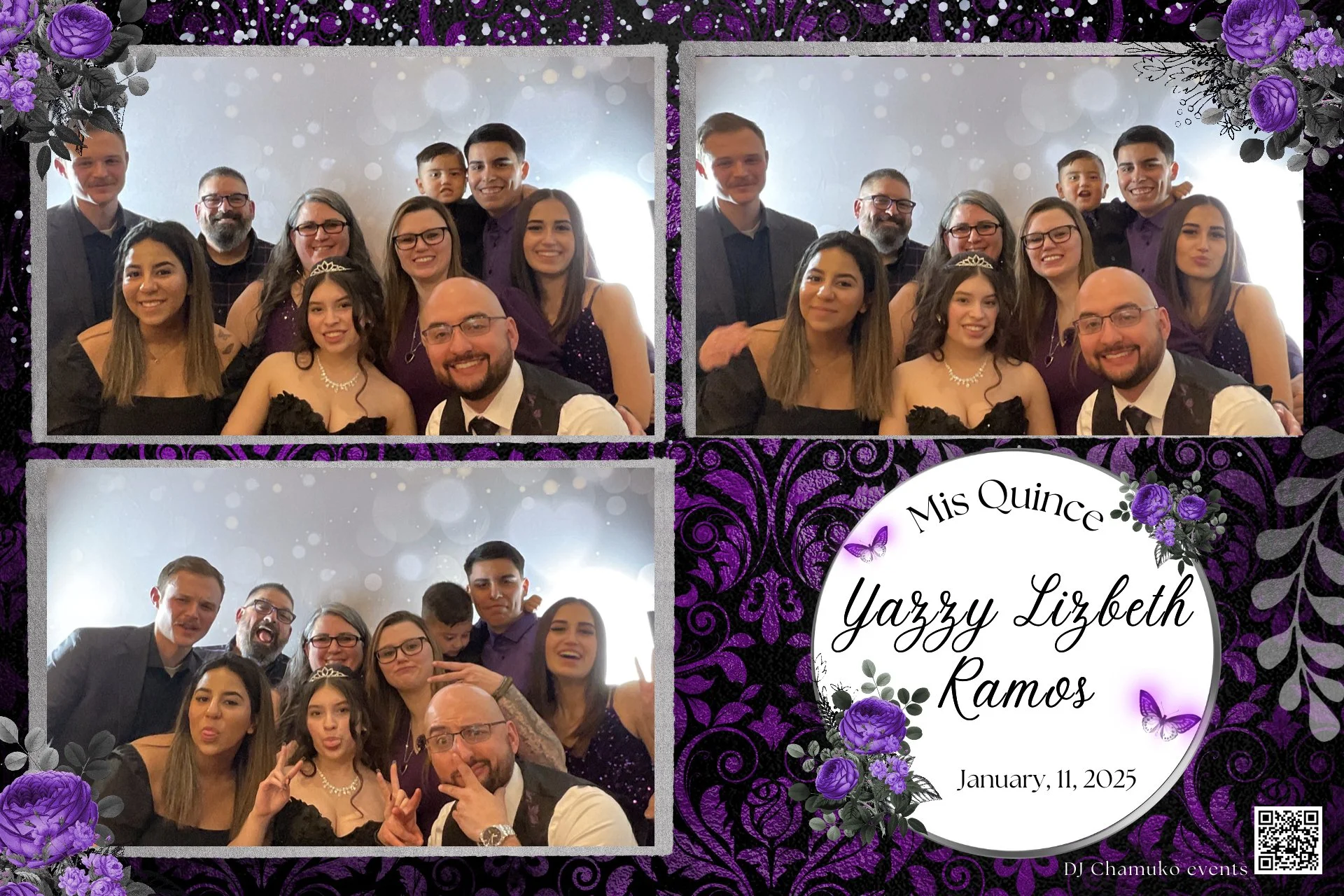 A collage of three photos from a quinceañera celebration with a decorative purple and black floral border. The first photo shows a group of thirteen people, including a girl wearing a tiara and a black dress, and a man dressed in formal wear. The second photo features the same group with playful expressions and gestures. The third photo is a close-up of the group, making faces and peace signs. The fourth section contains a circular white label with the text 'Mis Quince Yazzy Lizbeth Ramos January 11, 2025', decorated with purple flowers, butterflies, and a QR code at the bottom right.